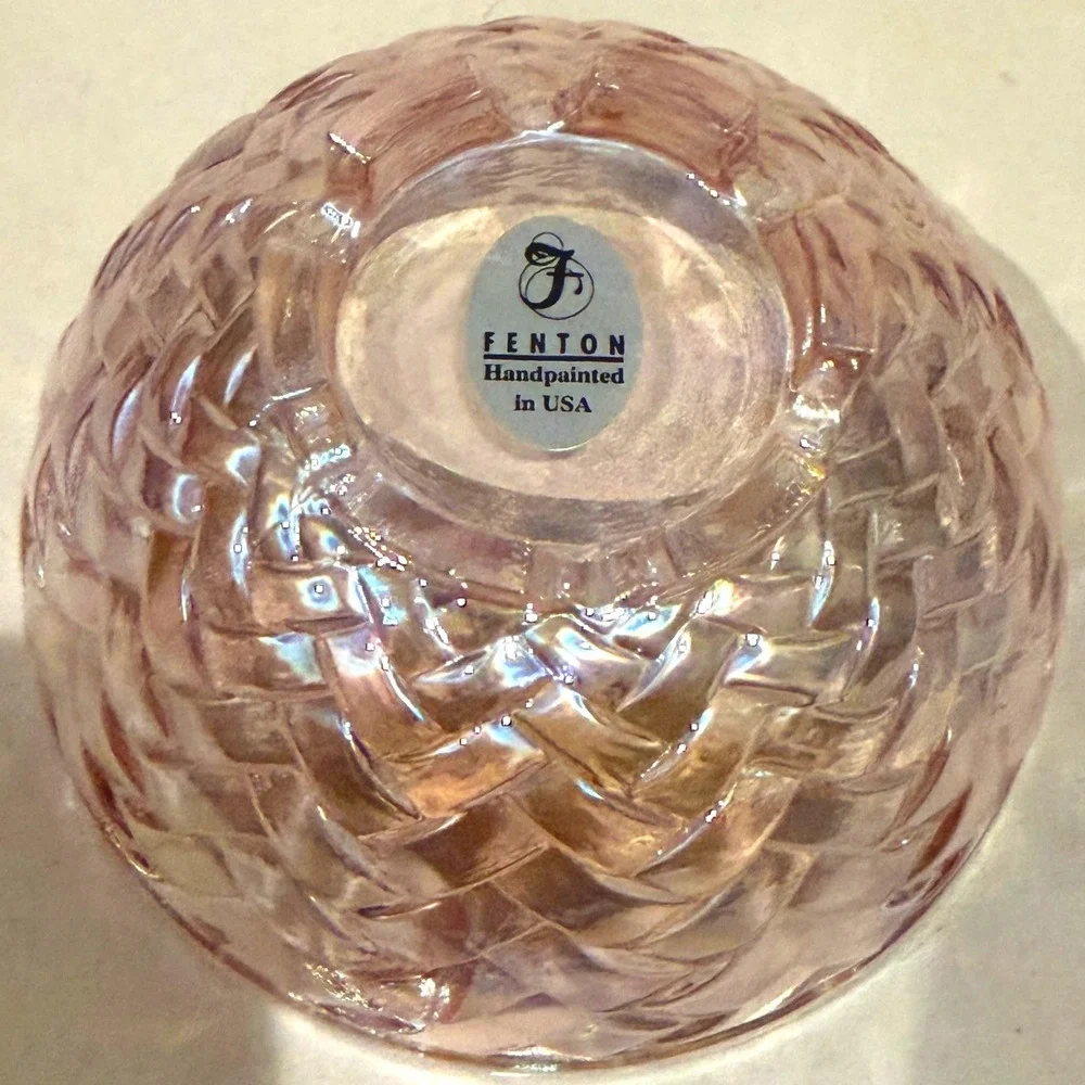 Fenton Champagne Basketweave Fairy Lamp Hand Painted Signed Sharon Fisher